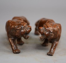 Old Chinese Boxwood Wood Hand Carving A Pair of Tigers Statues Figurines