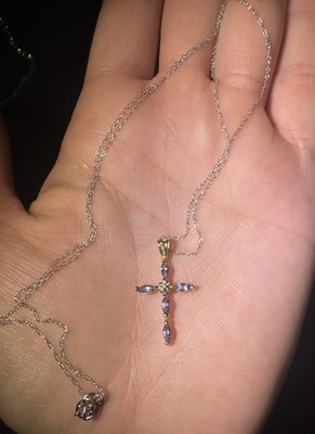 14K Gold Amethyst & Natural Diamond Cross Pendant 10K White Gold Necklace