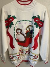Vintage Women's Boundry Waters Ugly Christmas Sweater Cat w/ Bell Collar M - L