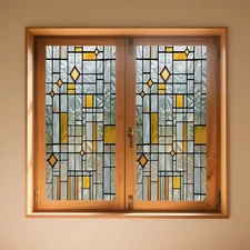 Privacy Window Film Stained Glass Window Yellow Red Grid Geometric Decorative...