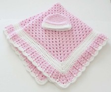 New Pretty Pink Crocheted Baby Blanket 35 x 35 Handmade Multi Purpose Bonus Hat