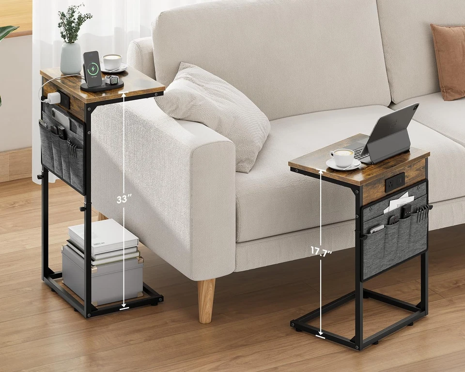 Mesa auxiliar de sofá, diseño en forma de C, deslizable debajo del sofá, carga, marrón Foto 3 de 4