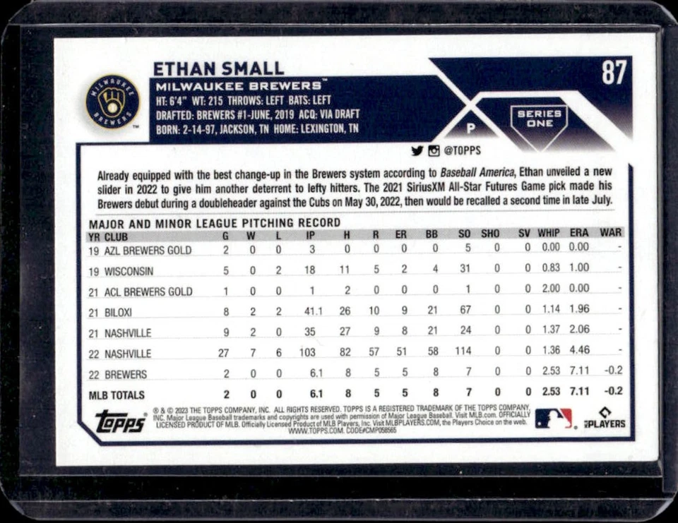 2023 Topps Ethan Small RC Purple Rookie #87 Brewers - Image 2 of 2