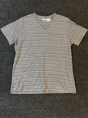 Vtg Basic Editions Shirt Womens Large Gray Striped V Neck Acrylic Knit T-Shirt