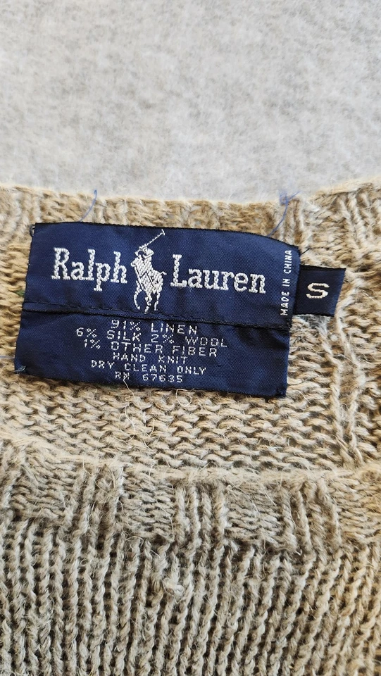 Suéter feminino vintage Ralph Lauren pequeno linho mistura de seda estampas de malha de cabo - Imagem 2 de 4