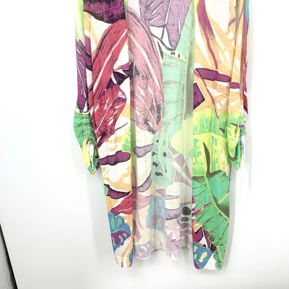 Chicos Women Size 1 Medium Cardigan Open Front Long Duster Top Green Pink Print - Image 3 of 4