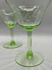 2 Antique Green URANIUM Glasses💚Retro Home Decor Etched Glows Read Depression