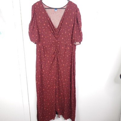 Old Navy Dress Womens 2X Ruched V Neck Puff Sleeve Burgundy Floral Midi |  eBay