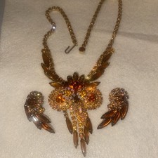 Vintage Juliana D&E Owl Design Rhinestone Necklace Earring Set Demi Parure