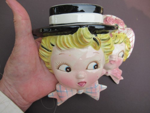 Lefton Pair Head Wall Pocket Vases Japan 50s Blonde Boy in Hat Girl Miss Dainty - Picture 4 of 4