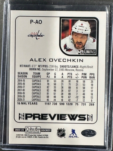 2022-23 UD O-Pee-Chee OPC Platinum Previews Rainbow #P-AO Alex Ovechkin - Picture 2 of 2