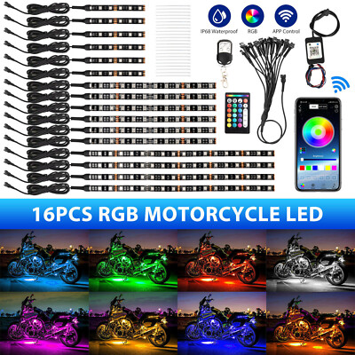 16PC RGB Bluetooth Motorcycle LED Light Under Glow Neon Strip Remote Control Kit