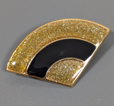 VTG Gold Tone Glitter Black Enamel Art Deco Fan Curved Brooch pin