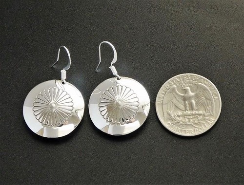 Native American Shiny Flower Sterling Silver Large Round Concho Drop Earrings - Picture 2 of 6
