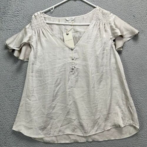 Lucky Brand V-Neck Henley Shirt Women Large Beige Flare Sleeve Blouse Ladies NEW