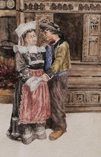 Dessin aquarelle Bretagne Breton Bretonne lit clos amoureux couple amour tableau