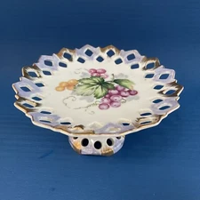 Vintage Lefton China Lattice Pedestal Grapes Tid Bit Tray Candy Dish Gold Trim