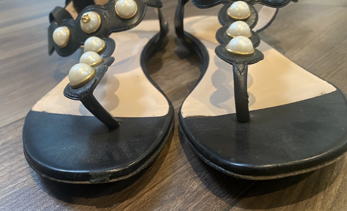 GUCCI Black Leather GG Pearl Studs/Ankle Strap Sandals Size