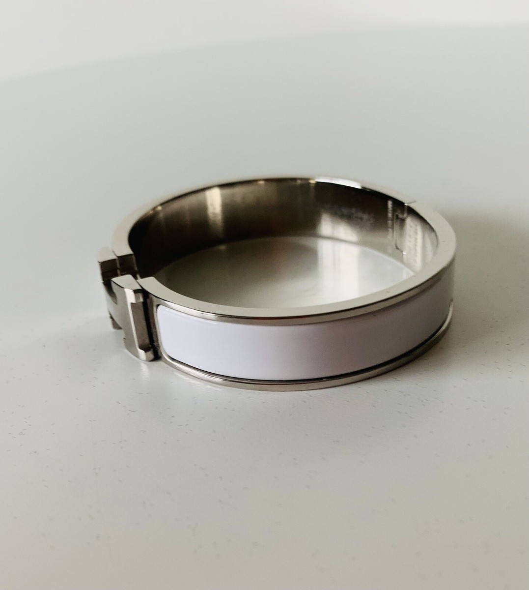 Hermes Bracelet Clic H Bangle White Enamel Silver Sz PM