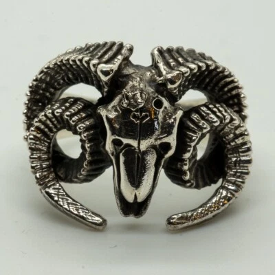 Ram Head Skull Ring .925 silver Zodiac Aries Goat Baphomet Biker Gothic Horns - Image 1 of 3