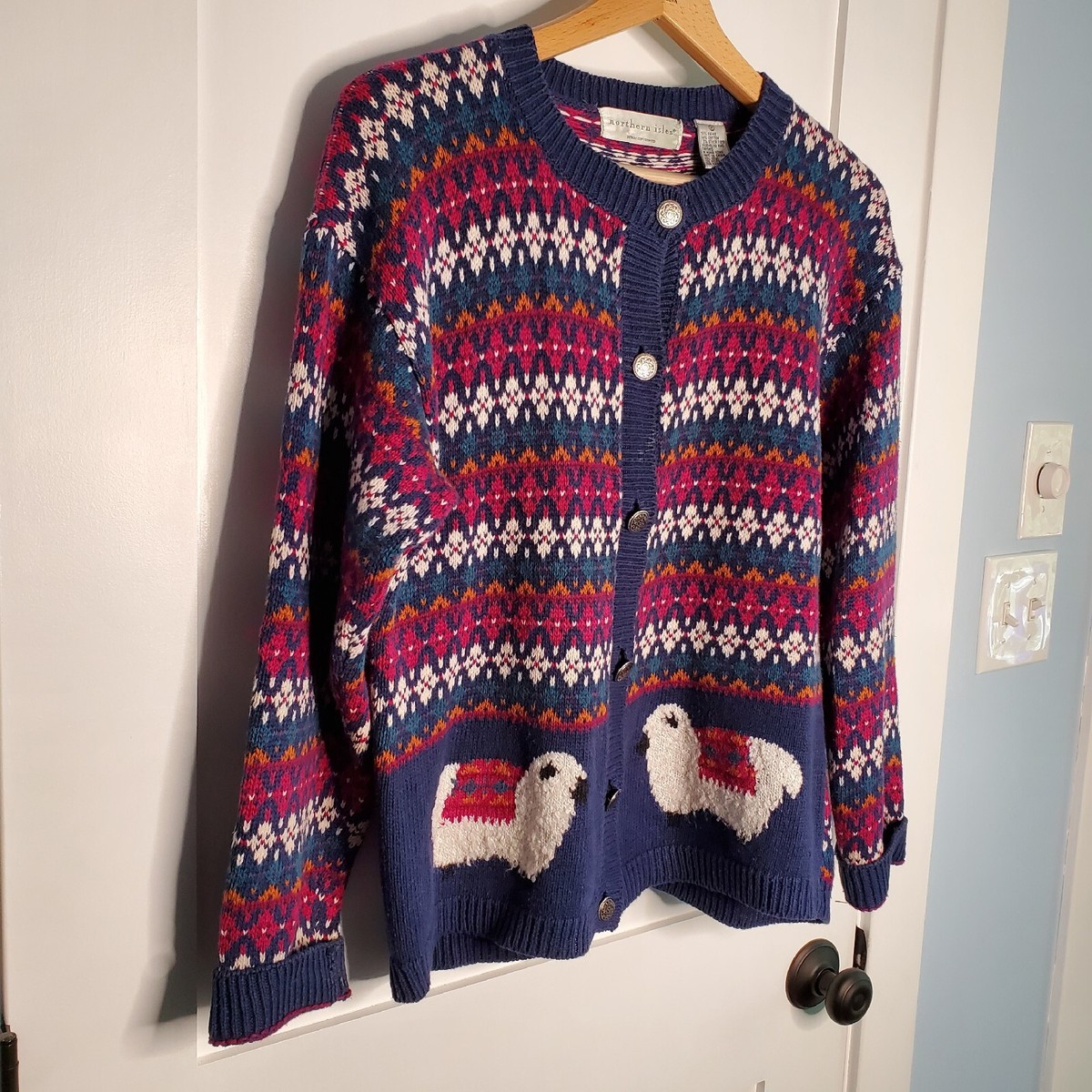 Northern Isles Country Sheep Sweater Multicolored Button Up Cardigan  Medium
