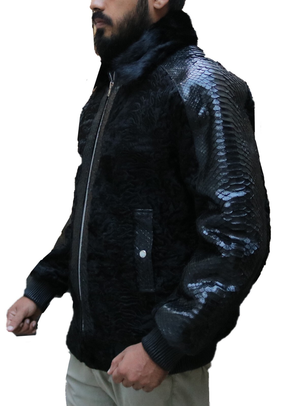 Black Real Persian Lamb Fur Jacket Coat Real Python Sleeves Mink Fur Collar Coat image 6