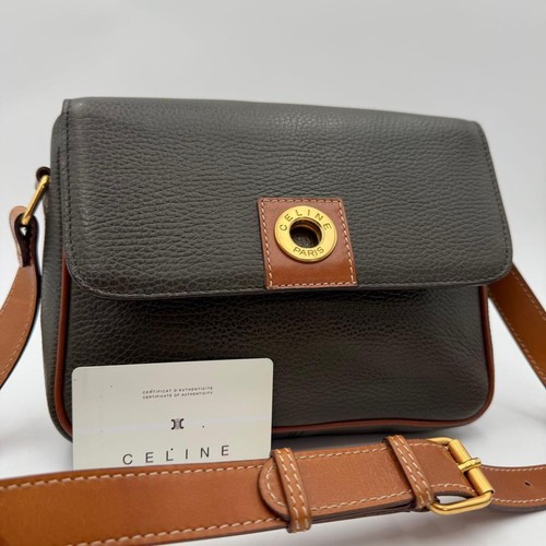 Celine Circle Leather Flap Shoulder Bag Khaki Used Authentic