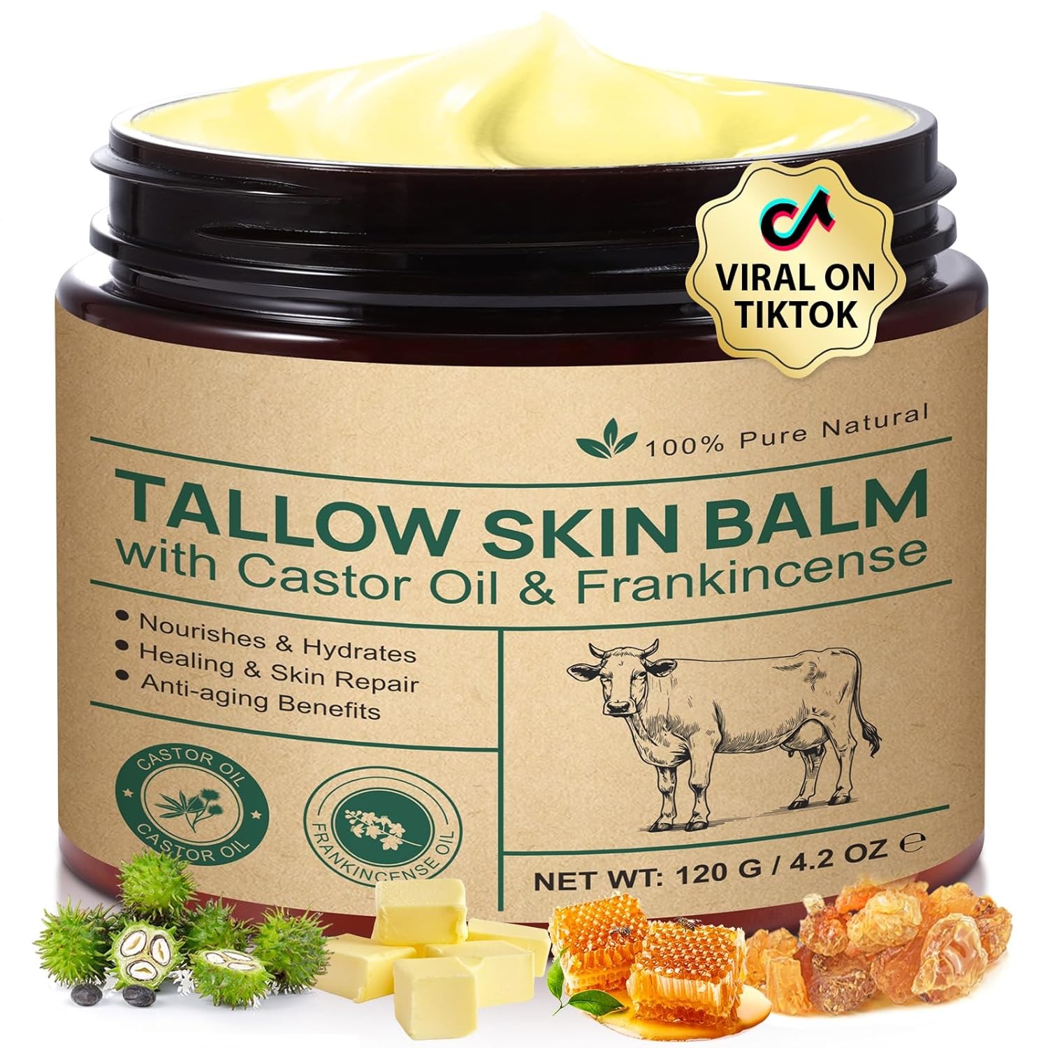 Beef Tallow for Skin & Face Cream with Castor Oil and Frankincense,120g,Organic