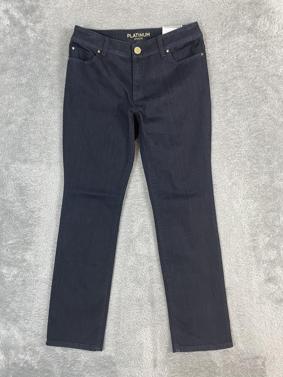 Chicos Platinum Slim Leg Jeans Womens 0 Short Indigo Mid Rise Stretch Denim