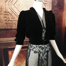 Antique 1930s Cropped Black Velvet Jacket Top Blouse Pillowy Sleeves Art Deco