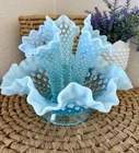 Vintage Fenton Art Glass Blue Opalescent Hobnail 3 Horn Epergne Vase