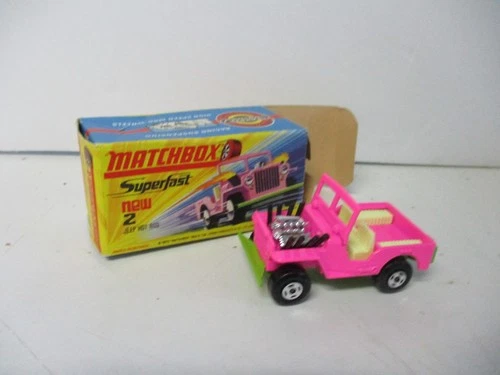 Matchbox Lesney Superfast SF2 Jeep Hot Rod- pink with lime base, box