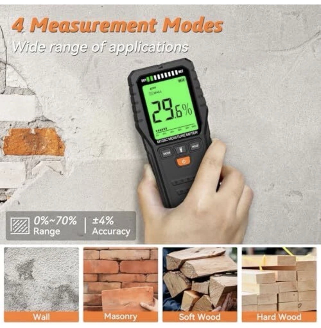 Pinless Moisture Meter Digital Wood Detector for Drywall Battery and Case