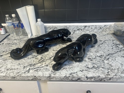 Pair of Black Ceramic Panther Figurines Collectible Decorative Sculptures