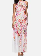 Betsy  Adam Women's White Floral Print Ruffled Sleeveless Gown Dress Size 4