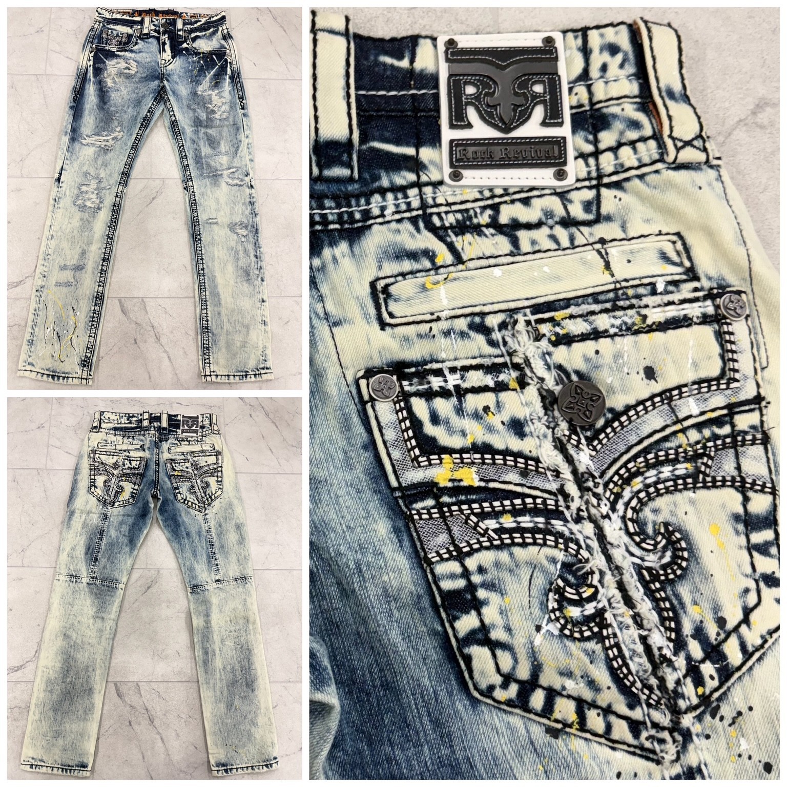 NWOT Rock Revival Men's Bleach Wash Splatter Rupert Alt Straight Jeans Size: 32