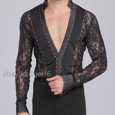Men Dancewear Latin Dance Shirt V-Neck Ballroom Hollow Costume Rumba Top