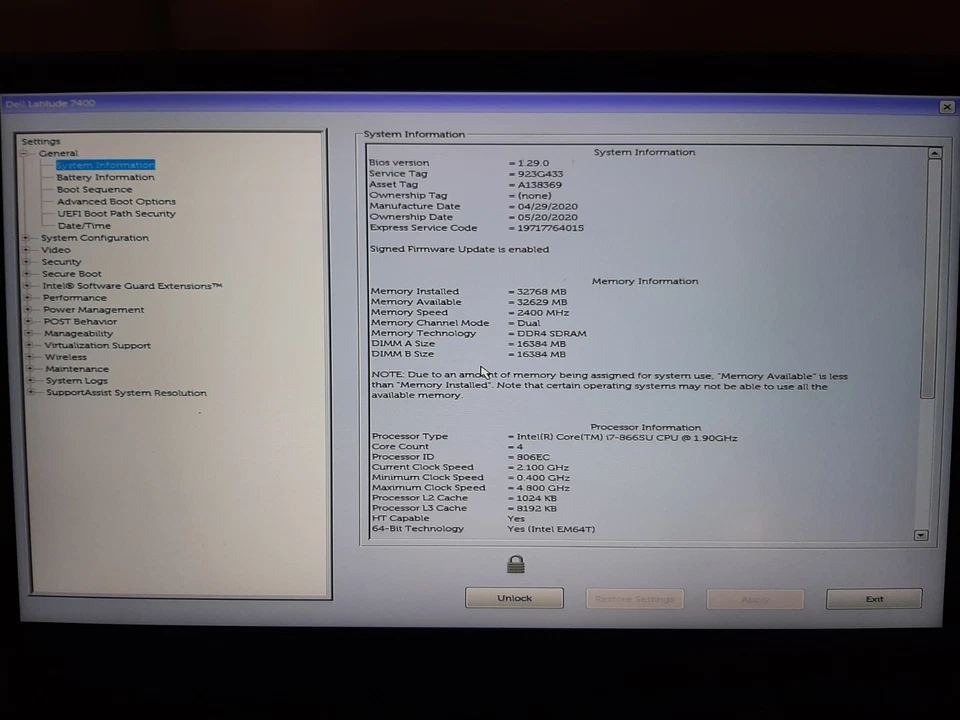 LOTE DE 5 Laptop Dell Latitude 7400 14" i7-8665U 32GB RAM SIN OS/SSD BIOS PW!! #97 Foto 3 de 4