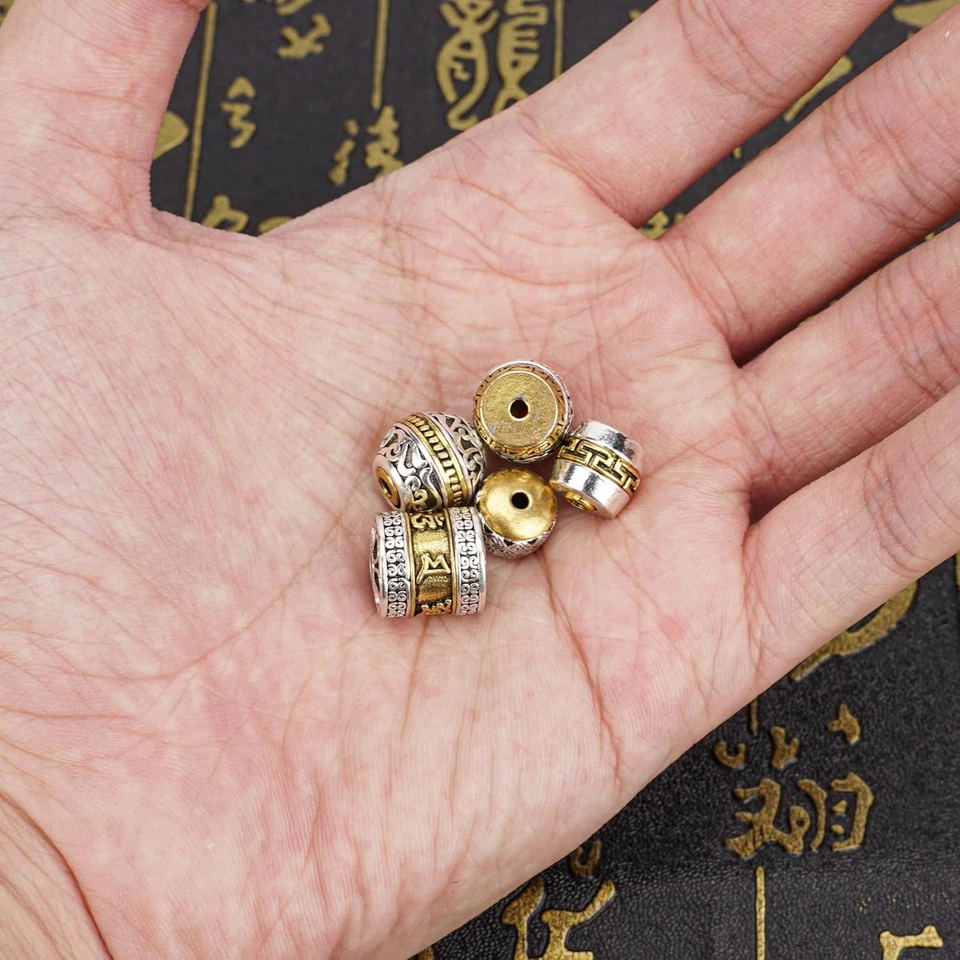 5件装古董银色和金色圆形藏语Om Mani Padme Hum珠-云彩图案 — 第 2/4 张图片