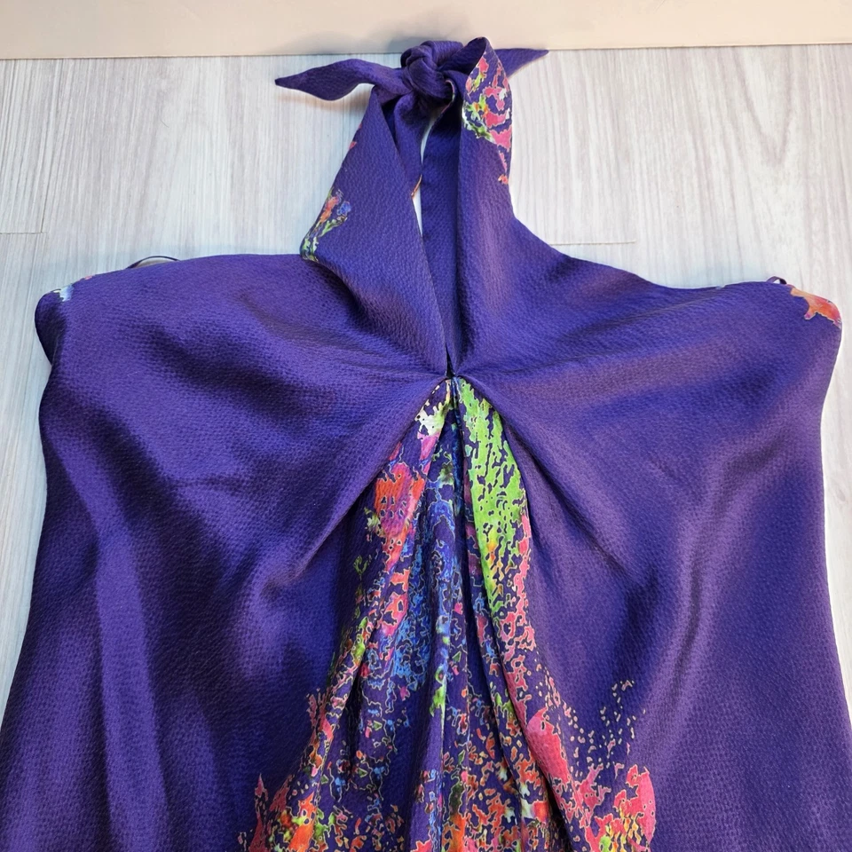 Vestido Halston Heritage Para Mujer Seda Talla 4 Torcido Frontal Halter Mini Floral Azul Foto 2 de 4