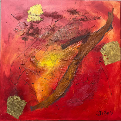 abstraktes Objekt Farbpigmente rot gold2 Öl/LW 90x90x8cm -Sonja Zeltner-Müller