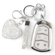 Key Fob Cover with Diamond Keychain Fit for Cadillac Car Key Holder Case Silver