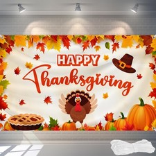 Happy Thanksgiving Banner Backdrop 72x44 Inch with Ribbon Fall Pumpkin,