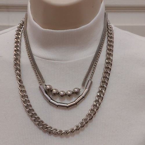 Trendy Chic Triple Strand Layered Silver Tone Necklace