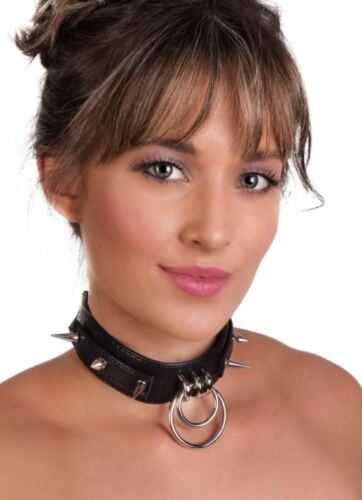 Women Black BDSM Kinky Slave Choker Collar Gothic Necklace With Spikes & 2 Rings - Afbeelding 1 van 1