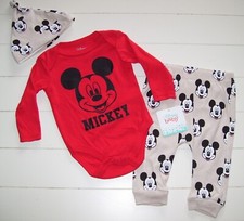Disney Baby 3 Pc Mickey Mouse LS Bodysuit Pants Hat Outfit 6-9M