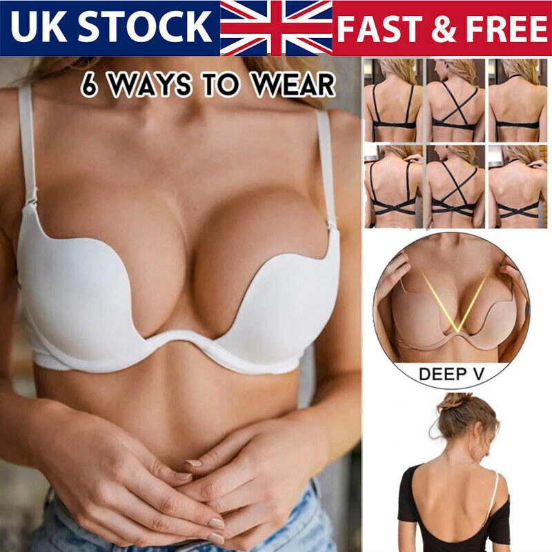 Push Up Plus Size Deep U Plunge Bra Invisible Straps Low Back Cut Lingeries  UK