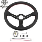 14'' Perforated Steering Wheel Leather Red Stitch W/ Horn Button 350mm Universal