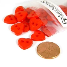 10 Bright Red 1/2 Inch Sew Through 2 Hole Flat Heart Plastic Acrylic Buttons
