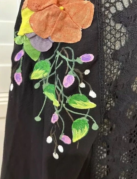 Vintage 60s 70s Cotton Mexican Piano Shawl Rebozo Flamenco Hand Painted Flowers - Image 4 of 4